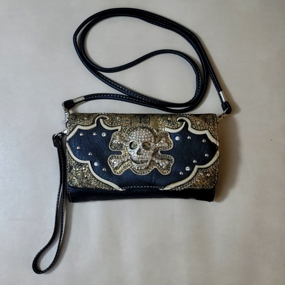 Embellished Skull Wristlet with Shoulder Strap